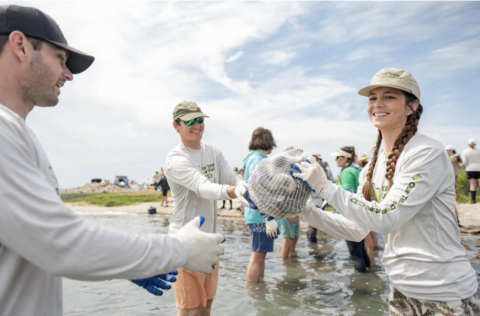 Volunteers building oyster reefs.